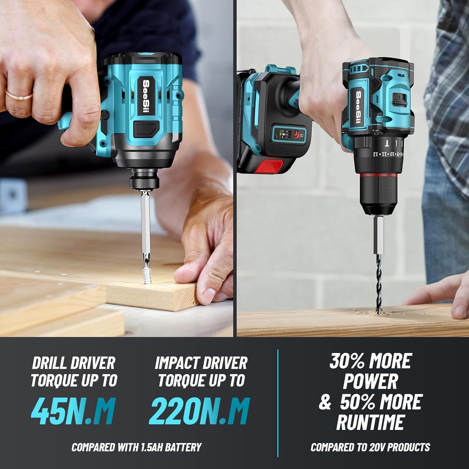Cordless Drill Driver - SEESII 3/8'' Drill & 1/4'' Impact